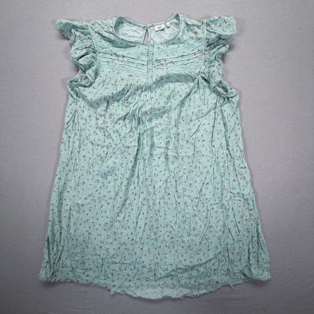 True Craft Babydoll Top Womens 1X Good Green Floral Ruffle Lace Boho‎ Blouse